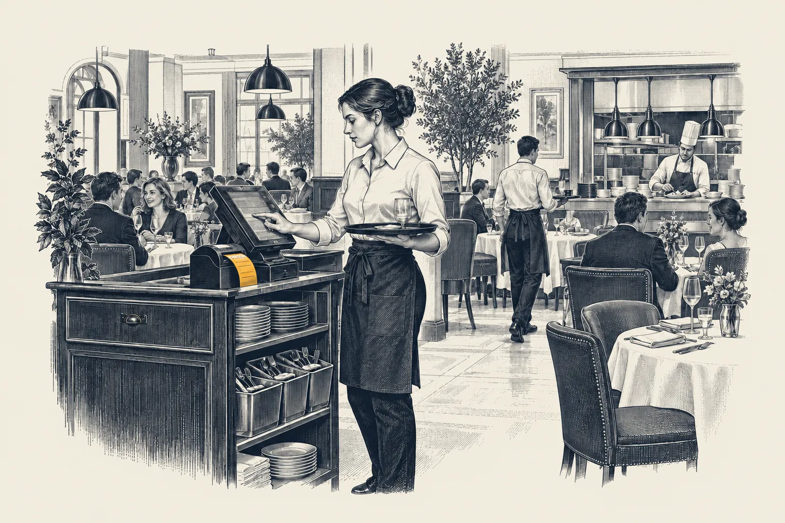 An engraved hotel restaurant: a server enters an order at a point-of-sale terminal while guests dine behind her. The printed order ticket is picked out in gold.