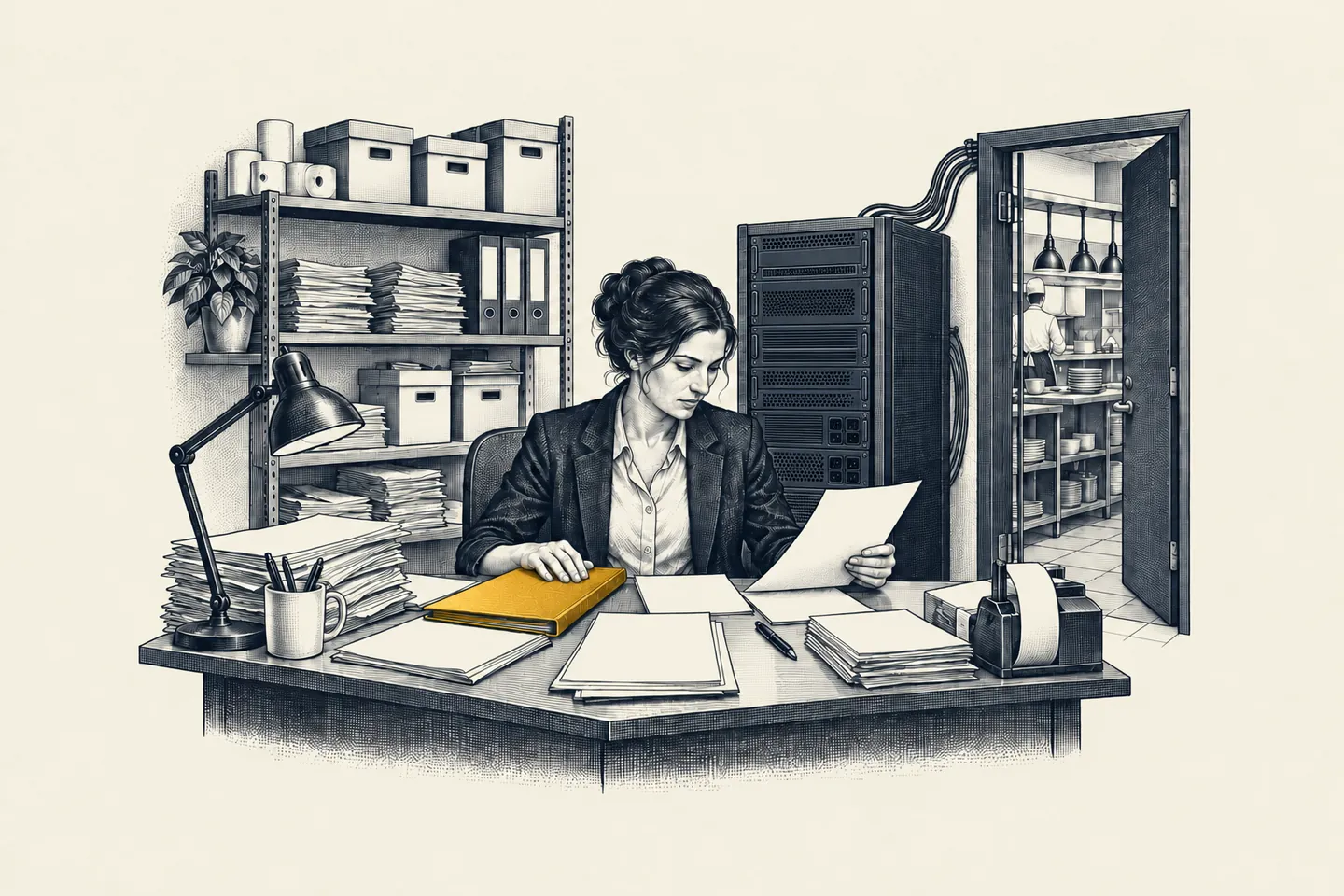 An engraved hotel back office: a manager sits beside a point-of-sale server and shelves of printed reports. One bound operating report is picked out in gold.