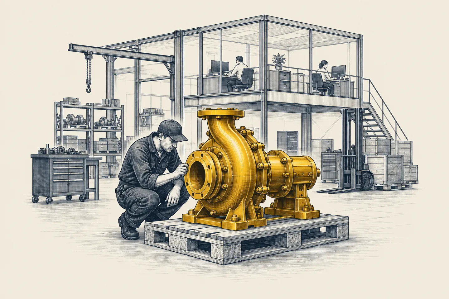 Ett graverat verkstadsgolv: en färdig industripump på en lastpall, markerad i guld, med ett kontor synligt på våningen ovanför.