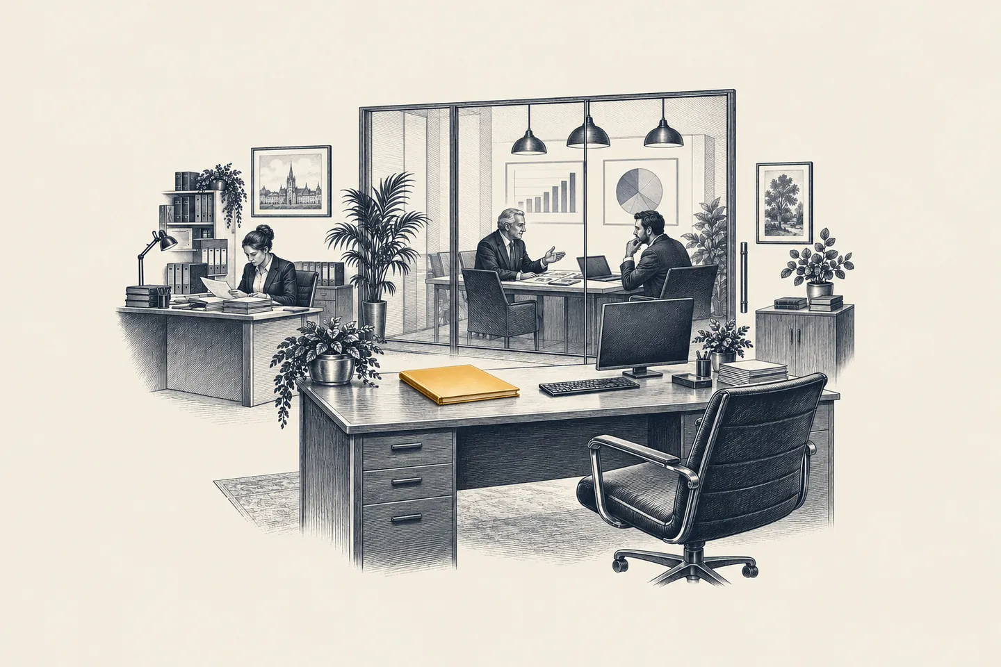 An engraved accounting office: an AI-prepared set of statutory accounts lies beside a cleared desk while a senior partner speaks with a business owner in a glass meeting room. The finished accounts are picked out in gold.