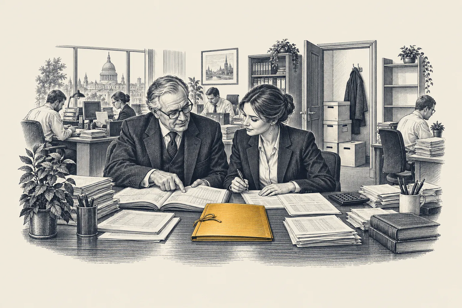An engraved accounting office: a senior partner and a junior manager review tax files at a desk as packed retirement boxes wait by the door. One client file on the desk is picked out in gold.