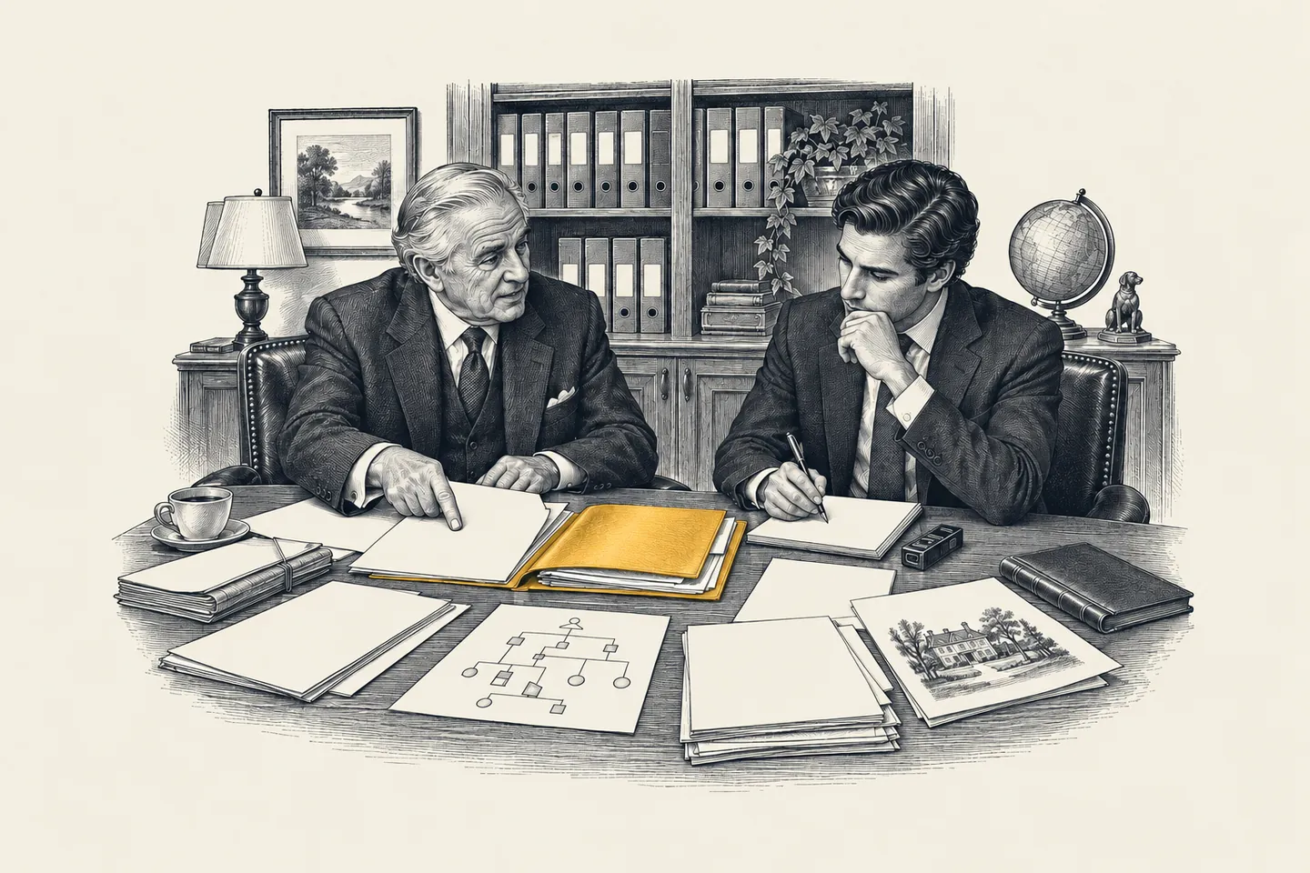 An engraved interview room: a retiring partner speaks while a manager records the history of one client beside open tax files and meeting notes. One marked client folder is picked out in gold.