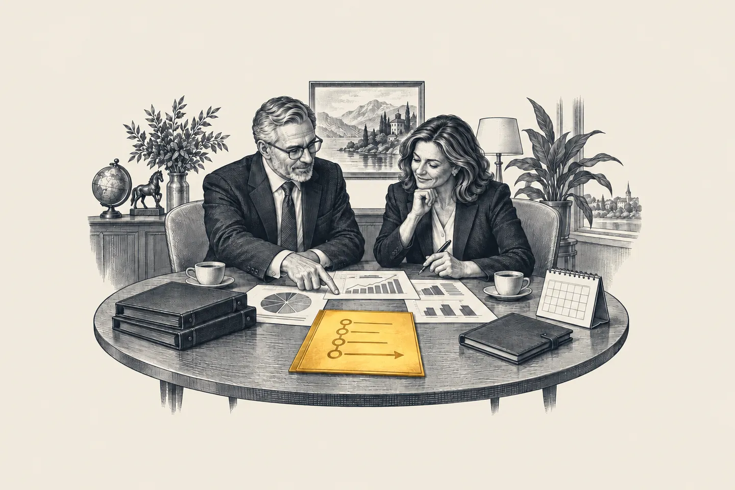 An engraved client meeting room: a senior practitioner and a business owner review a current financial view beside a written action plan. The signed action sheet is picked out in gold.