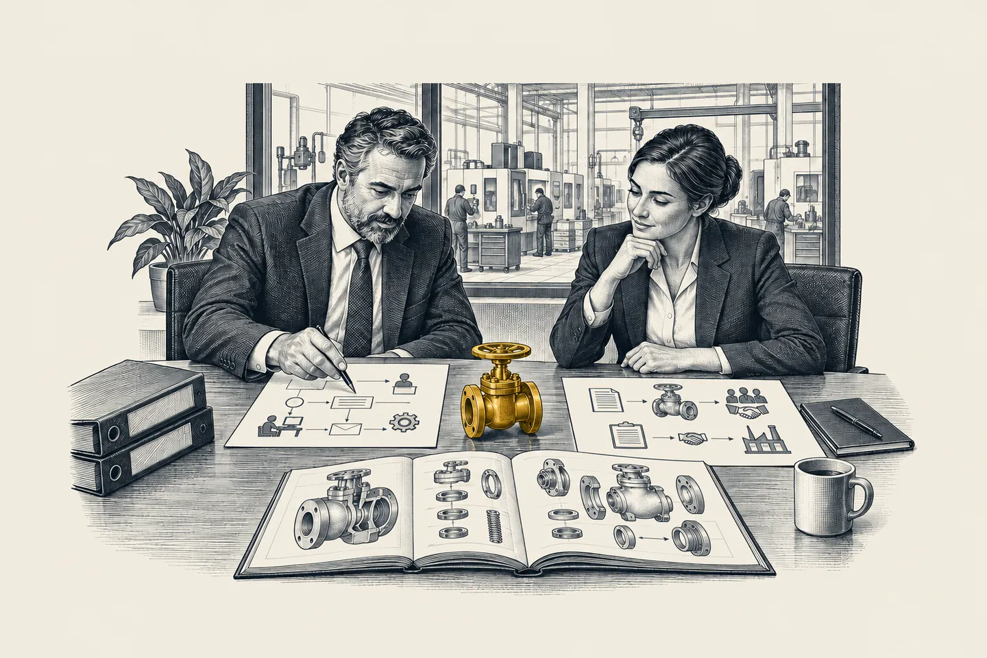 An engraved meeting room inside an industrial firm: the CEO and sales head compare two project sheets beside a technical product catalog. One product sample on the table is picked out in gold.