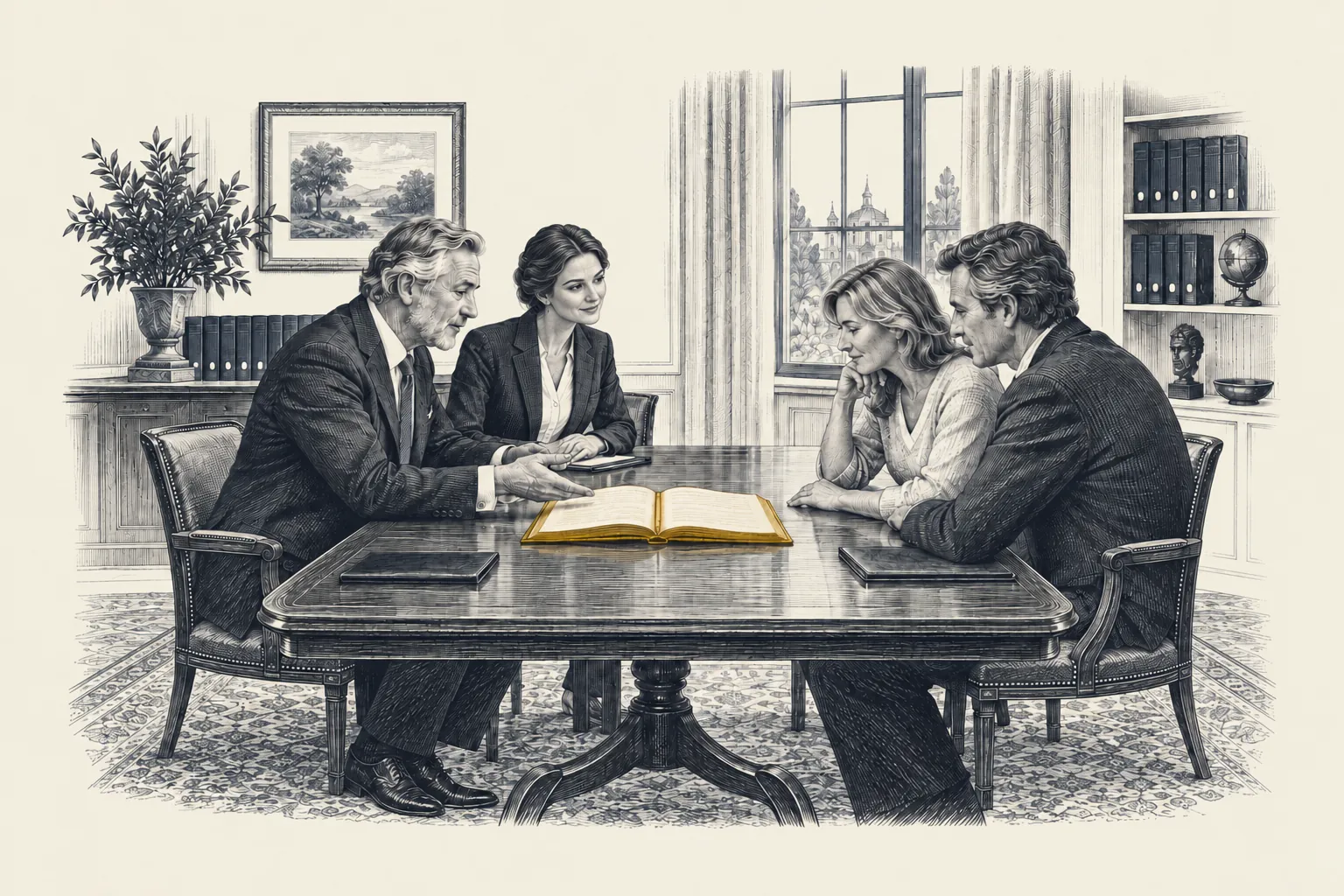 An engraved wealth firm meeting room: a senior advisor and a younger advisor sit across from a client couple. The bound client plan between them is picked out in gold.
