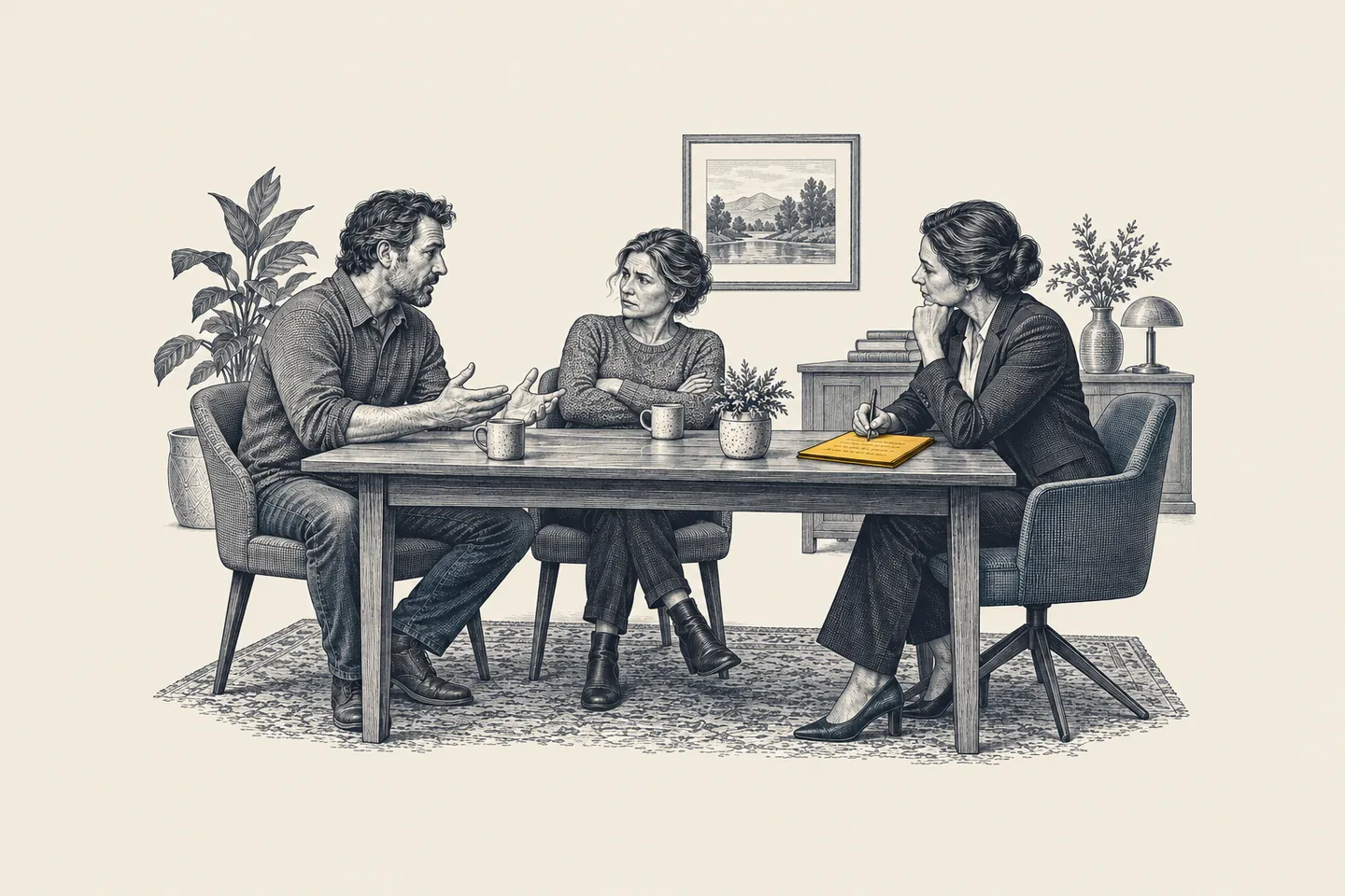 An engraved client meeting: an advisor listens as two family members discuss a hard choice across the table. The advisor’s handwritten meeting note is picked out in gold.