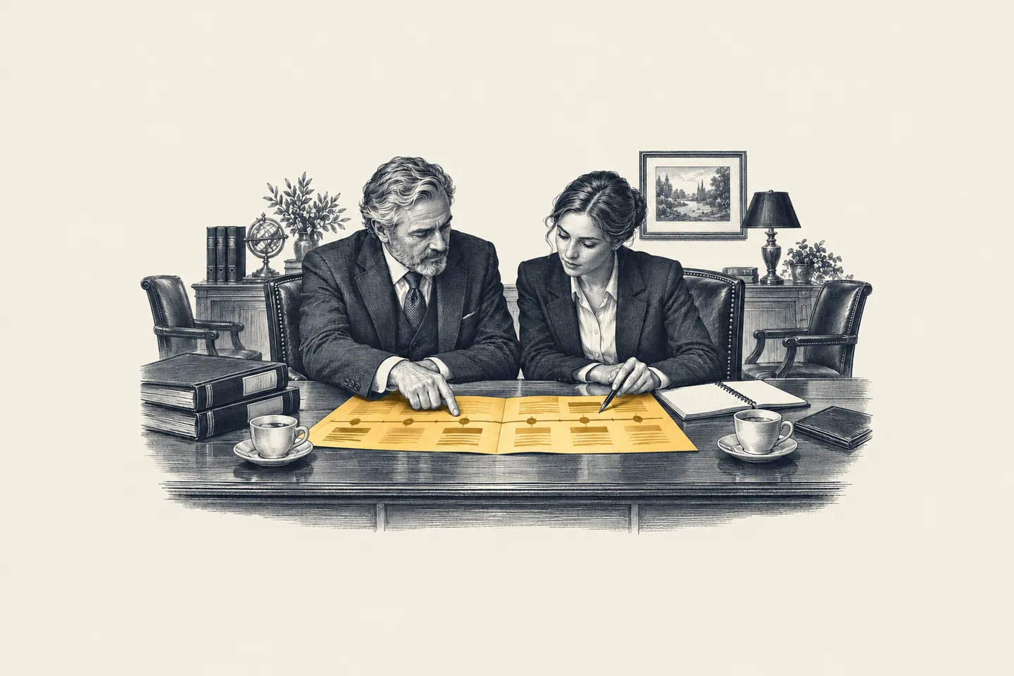 An engraved wealth office: a senior advisor and a younger advisor review a long client record after a meeting. The printed client timeline on the desk is picked out in gold.