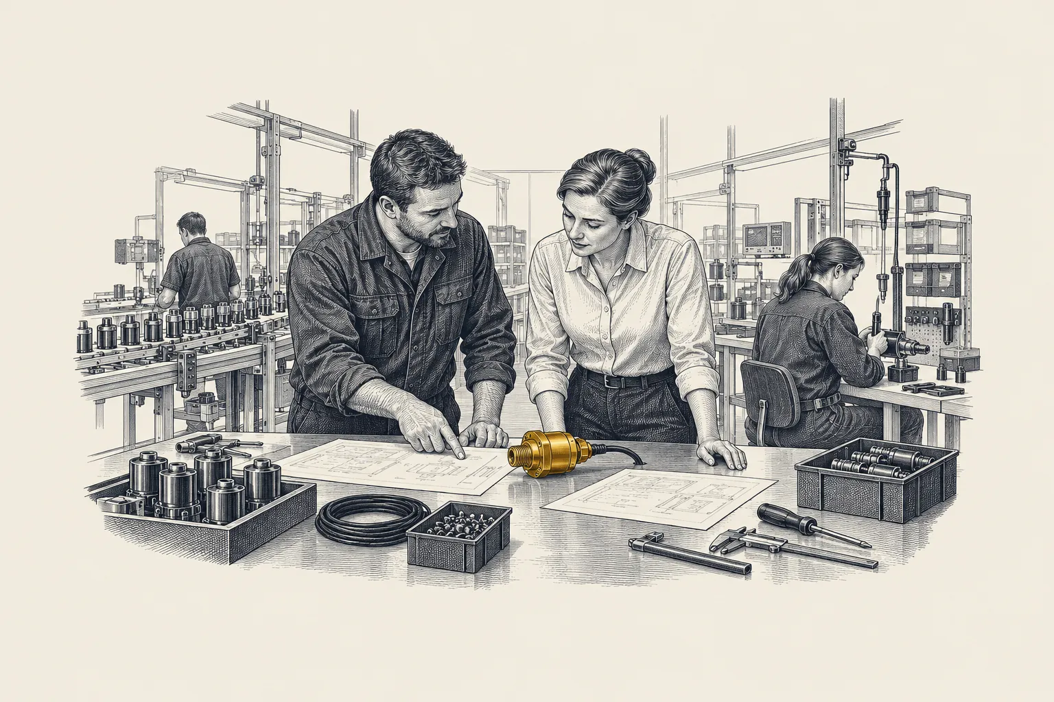 En graverad monteringshall för sensorer där en säljare och en tillämpningsingenjör granskar en kundorder intill produktionslinjen. En färdig sensor på bordet är markerad i guld.