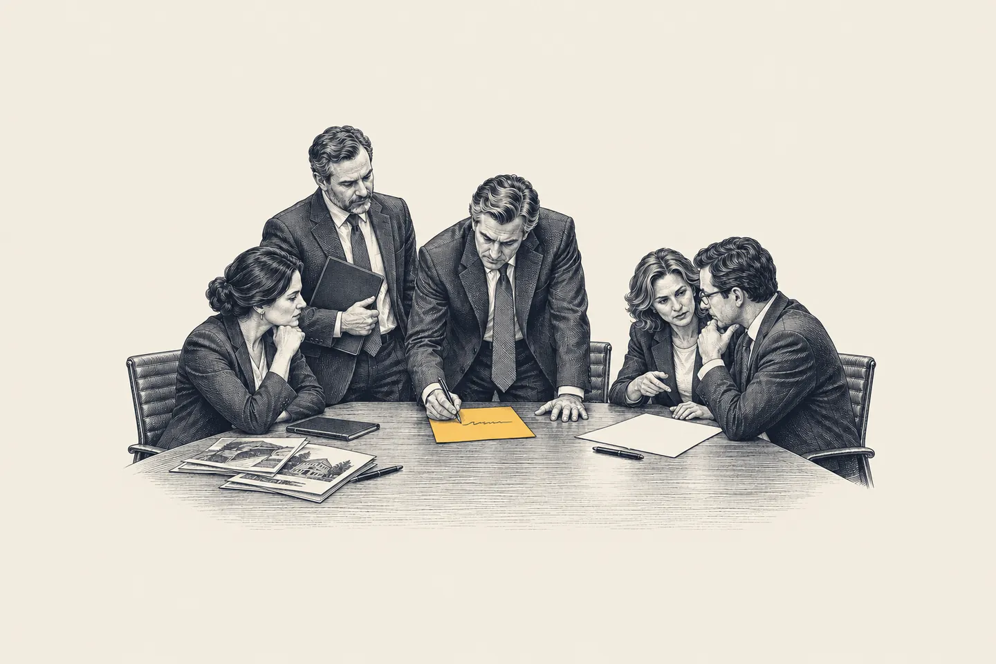 An engraved meeting room: a CEO writes one sentence while four leaders watch. The single sheet of paper is picked out in gold.