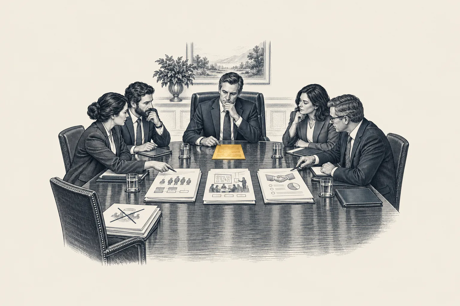 An engraved boardroom: a CEO and four leaders review a short list of AI firms at a long table. The one-page mandate before the CEO is picked out in gold.