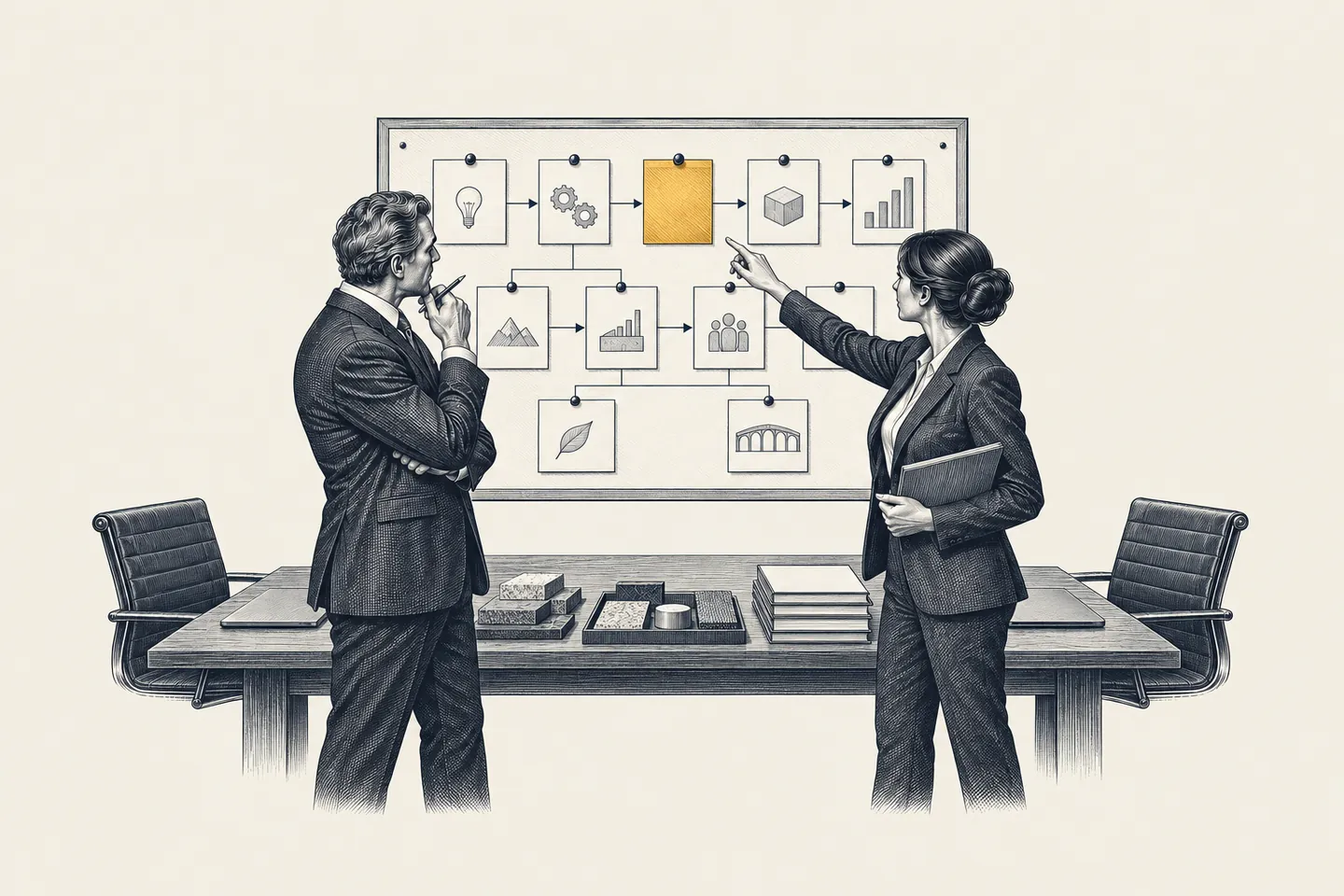 An engraved workshop: a CEO and a senior advisor stand beside a wall plan. One page on the wall is picked out in gold.