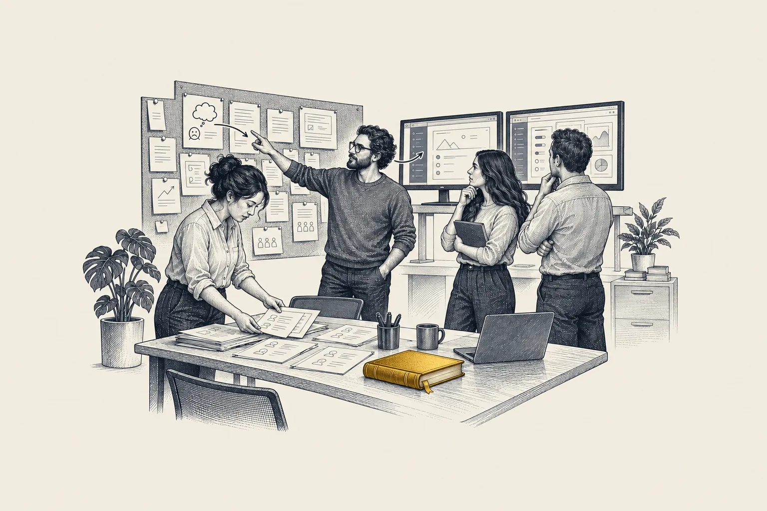 Ett graverat kontor på ett mjukvarubolag: en produktgrupp granskar kundanteckningar på väggen bredvid en rad produktskärmar. En inbunden bok med kunduppgifter på bordet är markerad i guld.