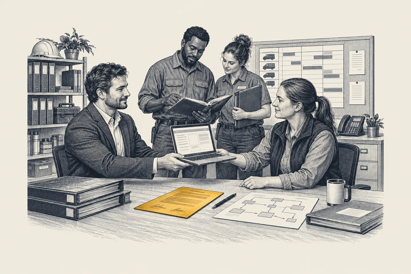 An engraved field-service office: a consultant hands a dispatch manager a laptop beside written operating rules and a signed handover sheet. The handover sheet is picked out in gold.