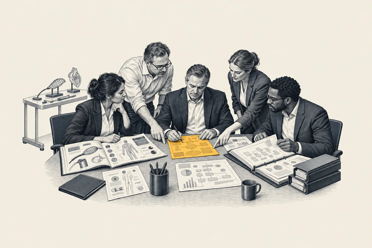 En graverad workshop i ett medicinteknikbolag: ledningsgruppen granskar en AI-agents arbete med företagets kunskap medan en chef gör rättelser. Sidan med rättelser är markerad i guld.