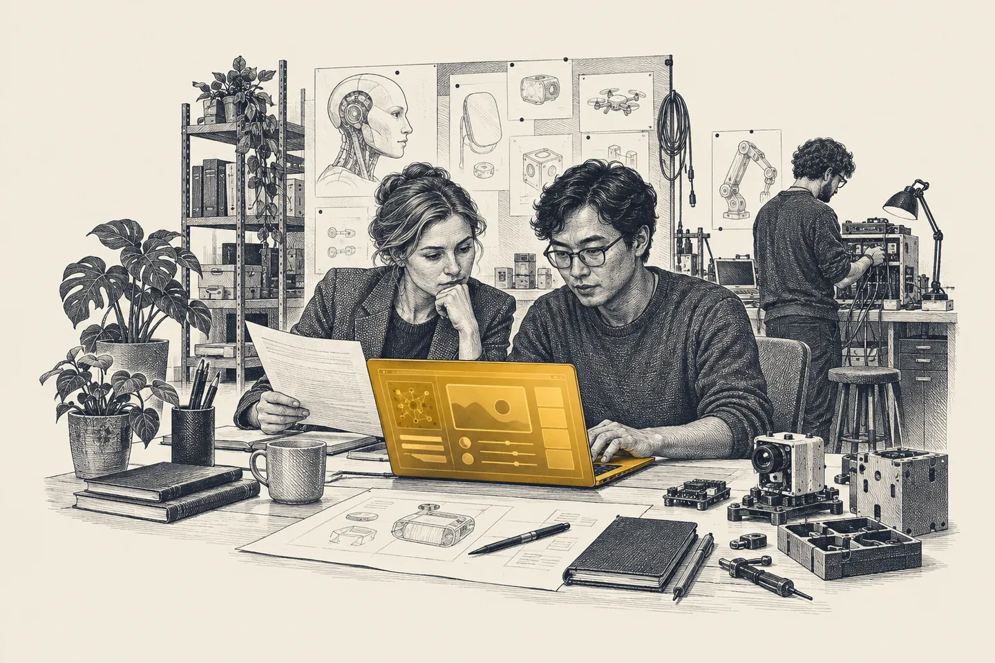An engraved product room: a product leader and an engineer test a working AI feature on a laptop. The laptop screen is picked out in gold.