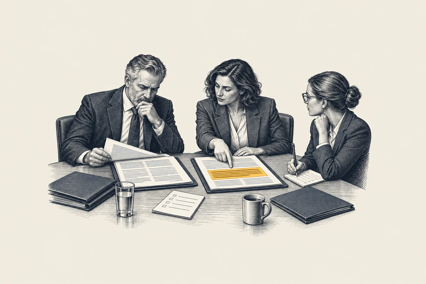 An engraved procurement meeting: the CEO and product leader compare two proposals across a table. One ownership clause is picked out in gold.