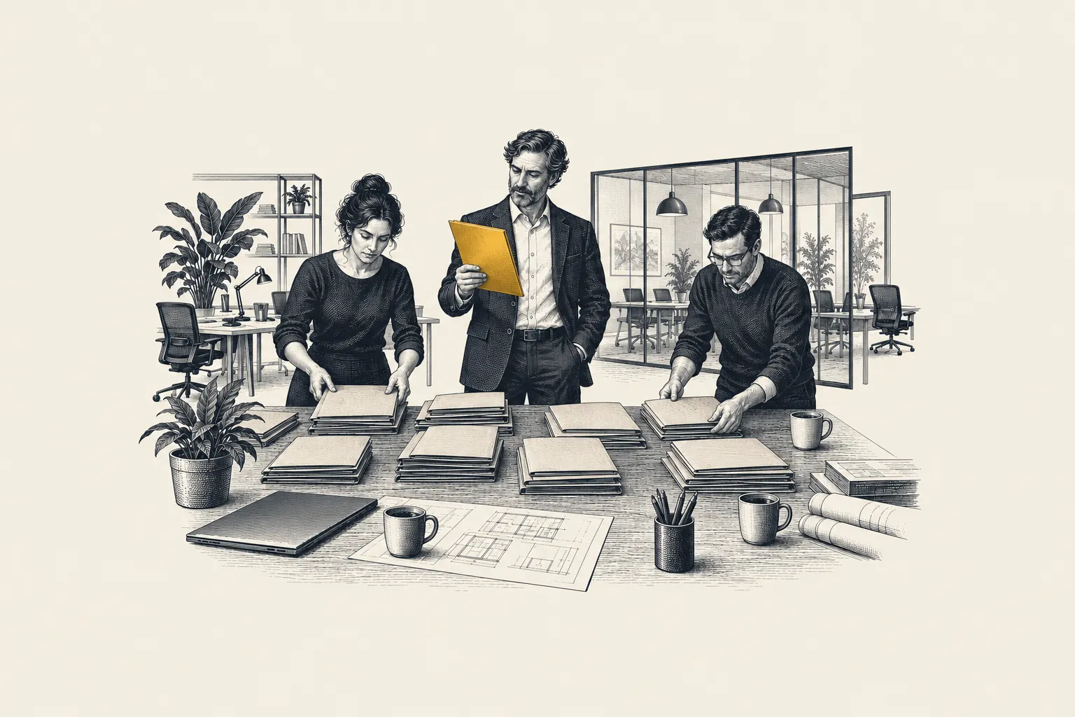 An engraved product office: a CEO stands beside a table covered with unopened consultancy proposals. One proposal folder is picked out in gold.