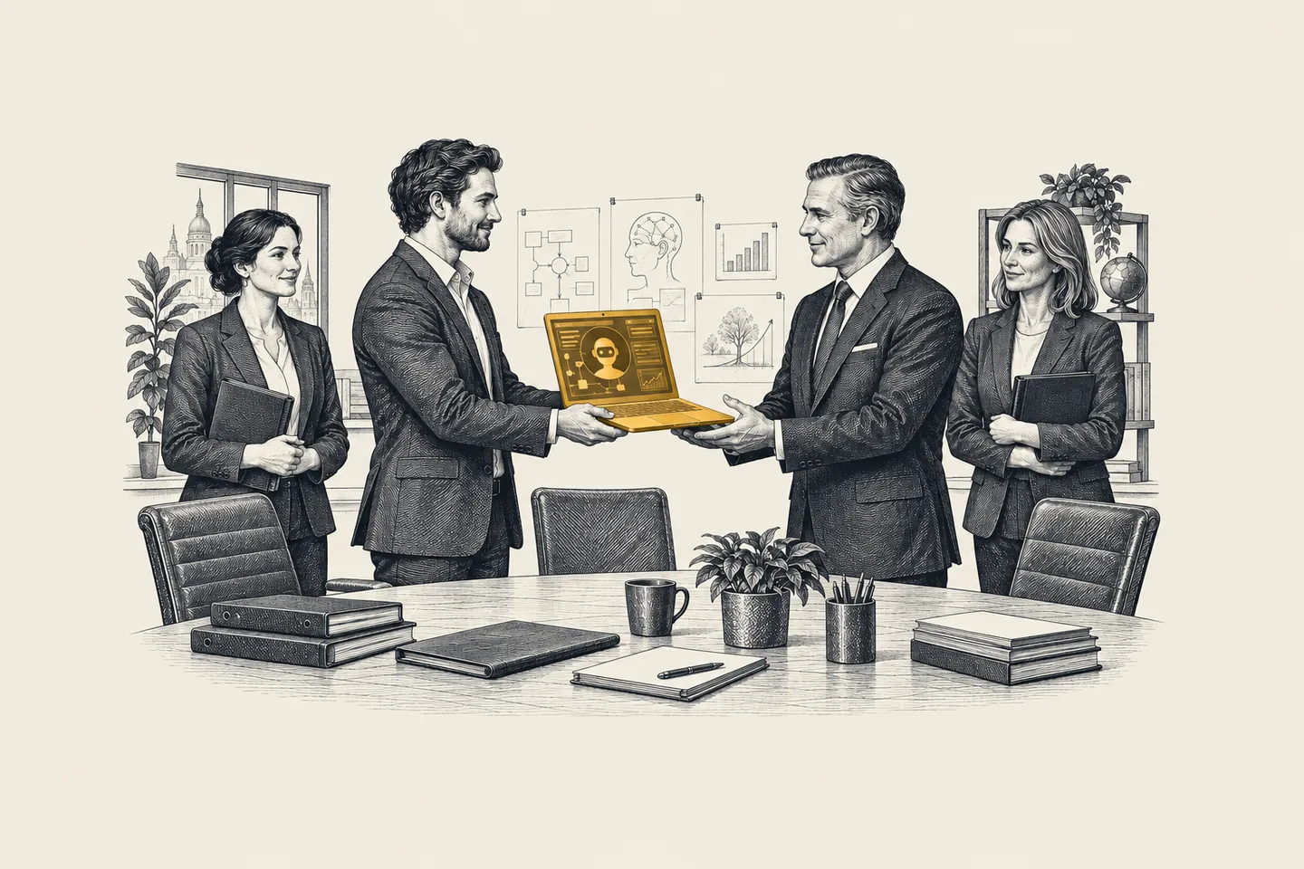 An engraved workroom: a partner hands the wealth manager's CEO a laptop running a working agent. The laptop is picked out in gold.