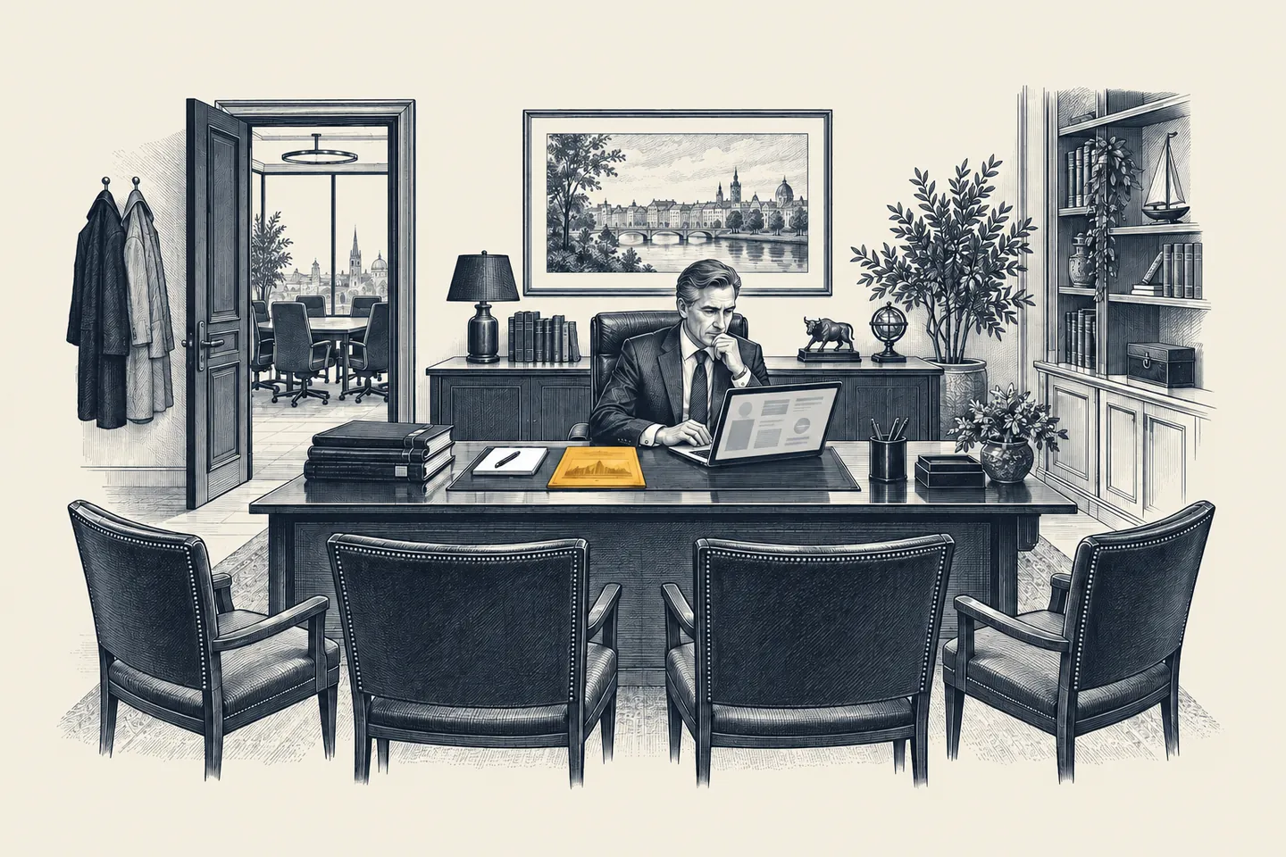 An engraved office at a wealth manager: the CEO tests an AI agent before a team meeting. A printed client brief beside the laptop is picked out in gold.