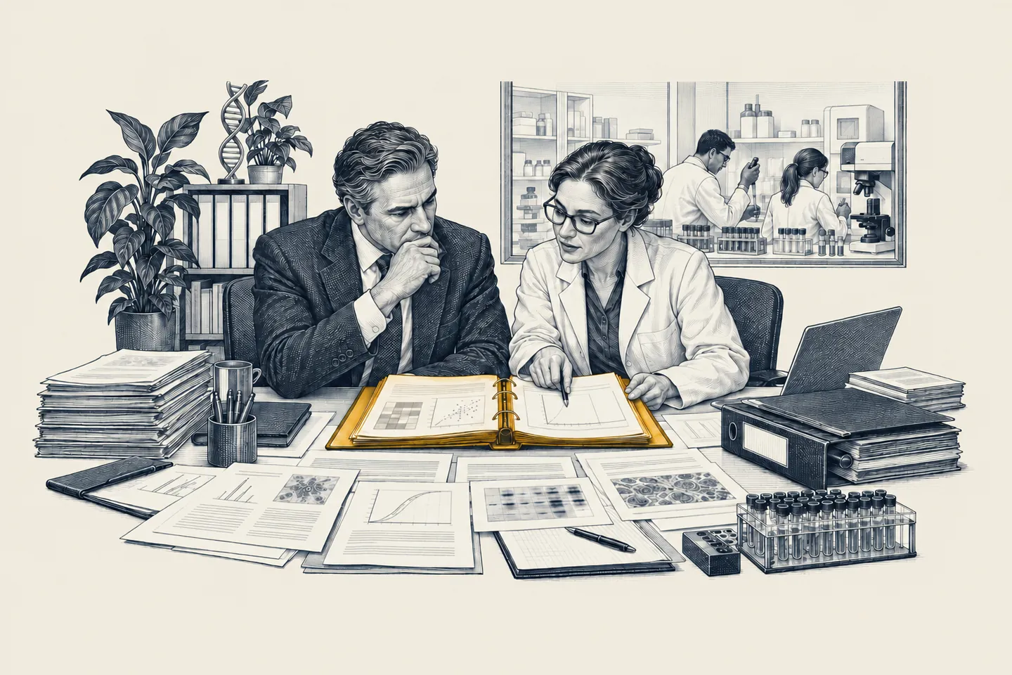 Ett graverat kontor vid ett biotekniskt laboratorium: en vd och en senior forskare går igenom forskningsdokument på ett långt skrivbord. En öppen mapp om ett forskningsprogram är markerad i guld.