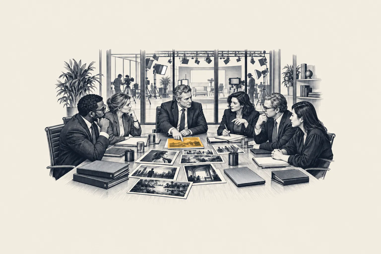 An engraved media boardroom: six leaders review a slate of programs on a long table while a production studio can be seen through the glass wall. One printed program brief is picked out in gold.