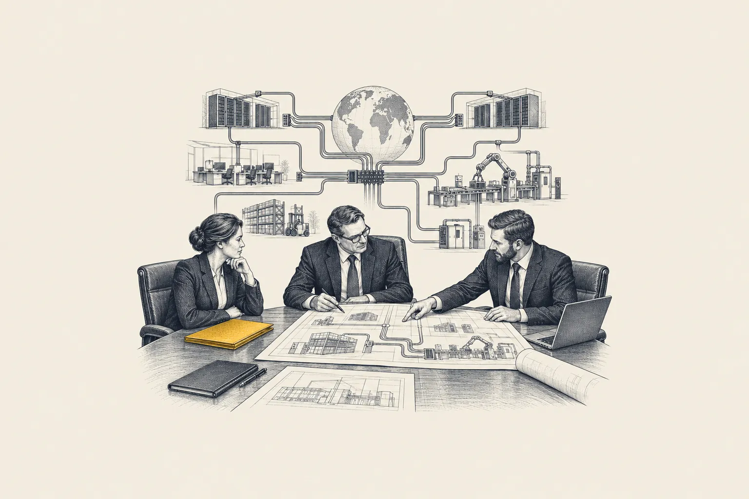 An engraved boardroom in a global company: a CEO sits with an IT leader and a technical provider beside a wall plan of connected systems. One folder on the table is picked out in gold.