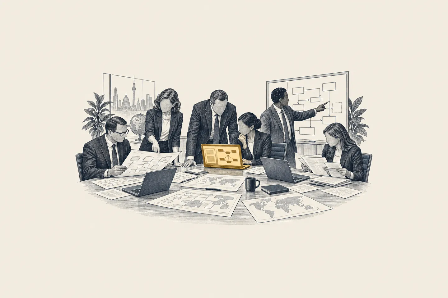 An engraved leadership workshop: six executives work around a table with open laptops and paper plans. One laptop showing a working AI tool is picked out in gold.