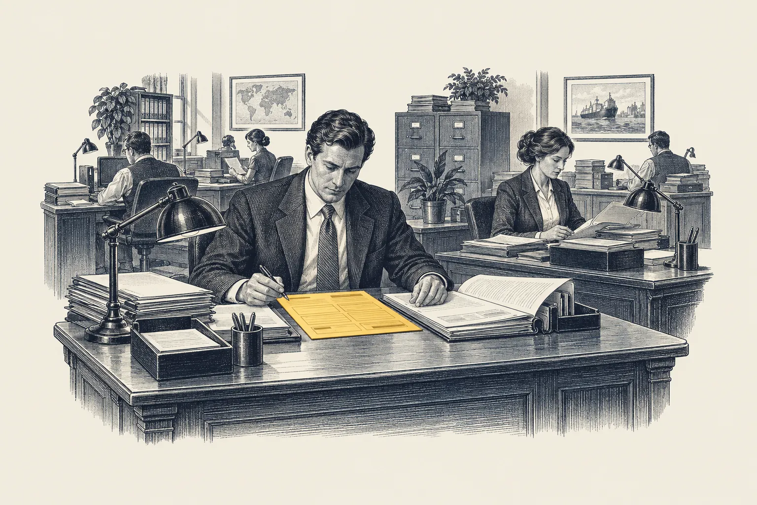An engraved underwriting office: an underwriter reviews a standard-risk quote while a colleague checks a second file. The finished quote sheet is picked out in gold.