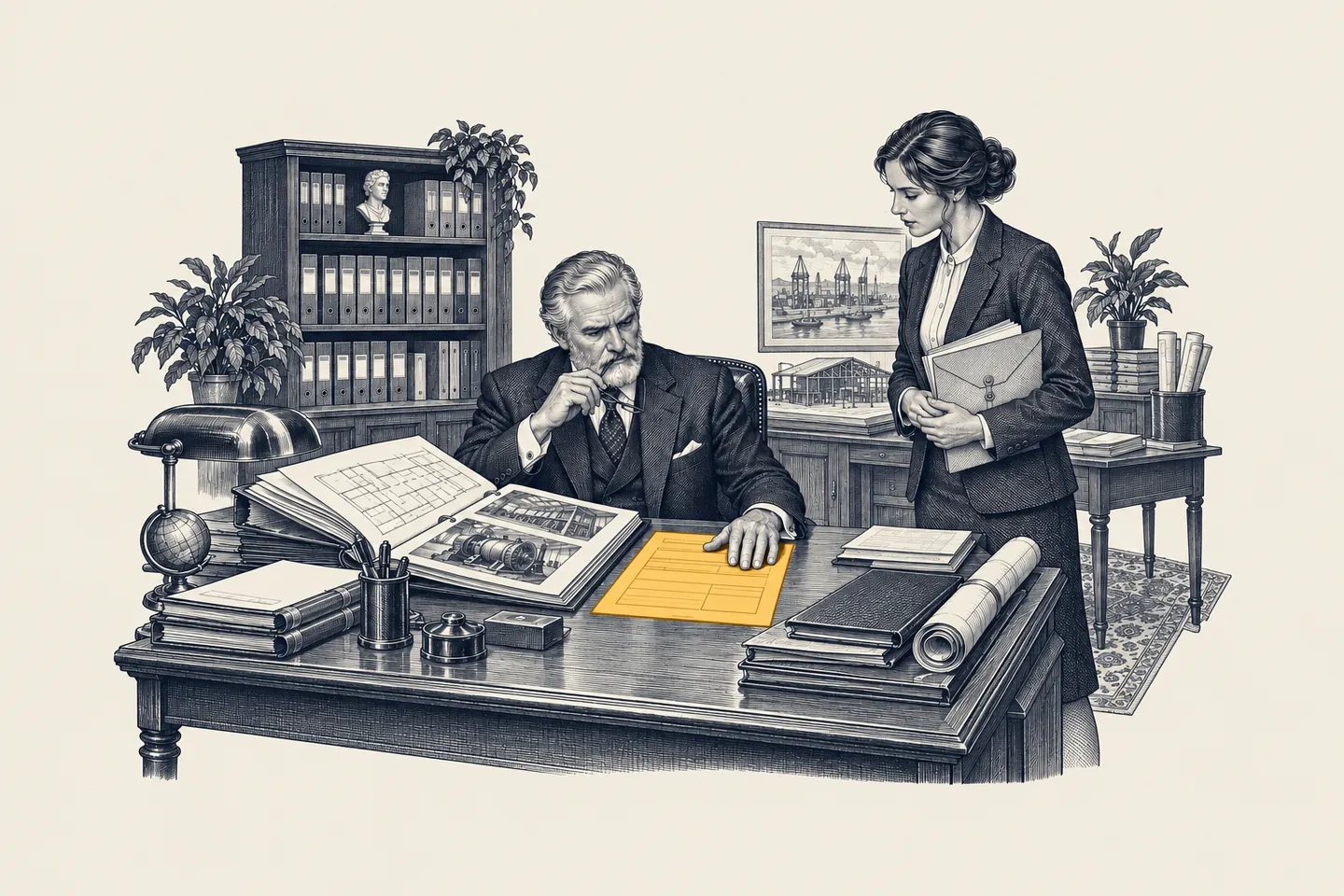 An engraved underwriting desk: a senior underwriter stops a complex quote while a colleague waits. The printed quote is picked out in gold.