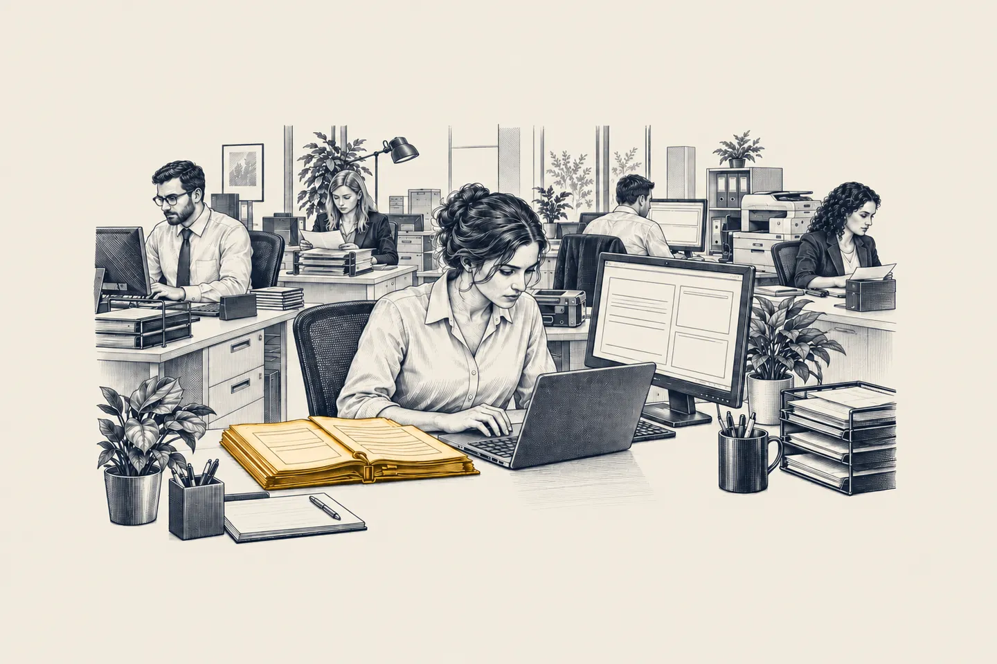 An engraved insurance office: an employee uses a personal AI tool while the approved company portal sits unused. A printed policy file is picked out in gold.