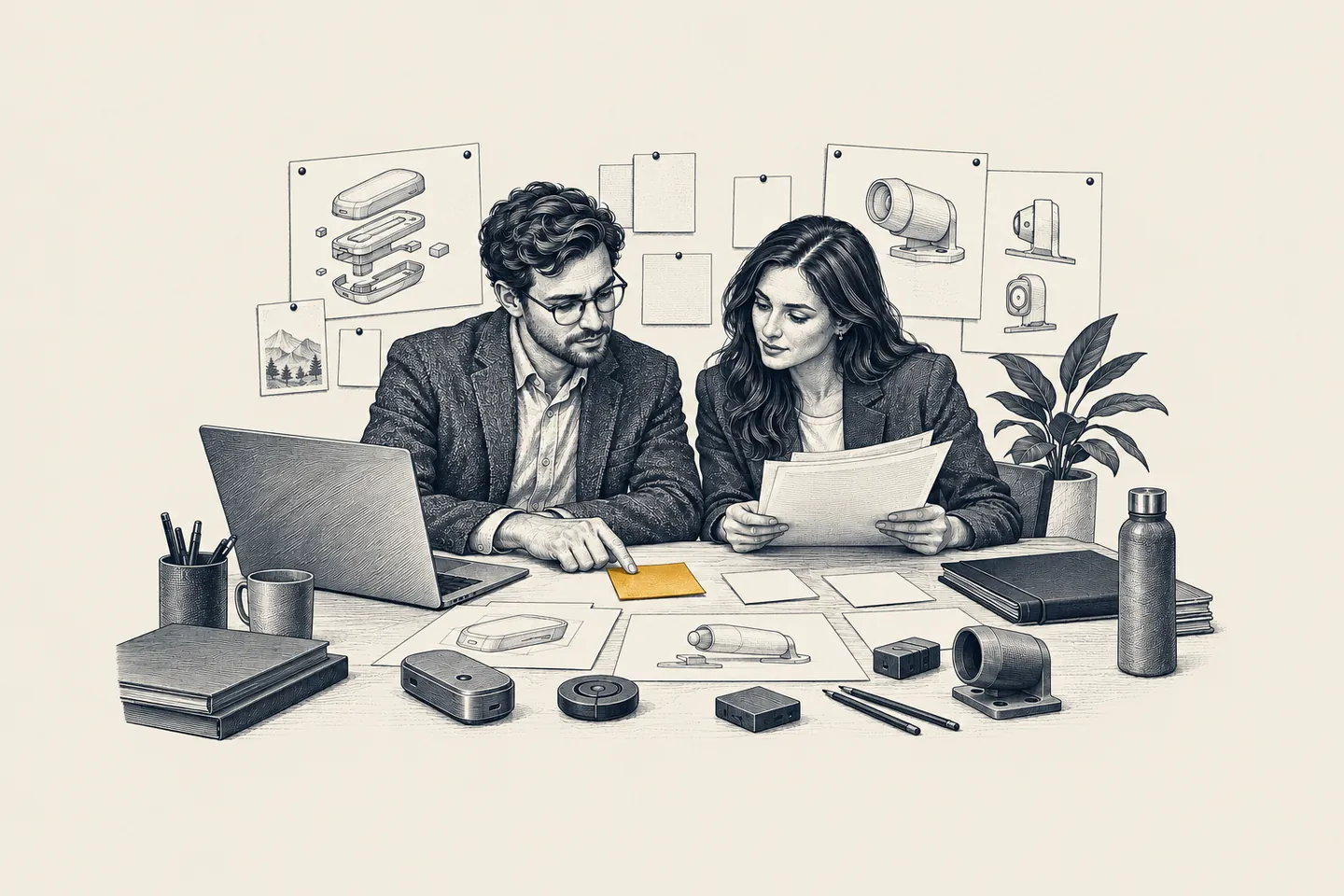 An engraved product room: a product manager and salesperson review customer notes beside an open laptop. One approved customer note is picked out in gold.