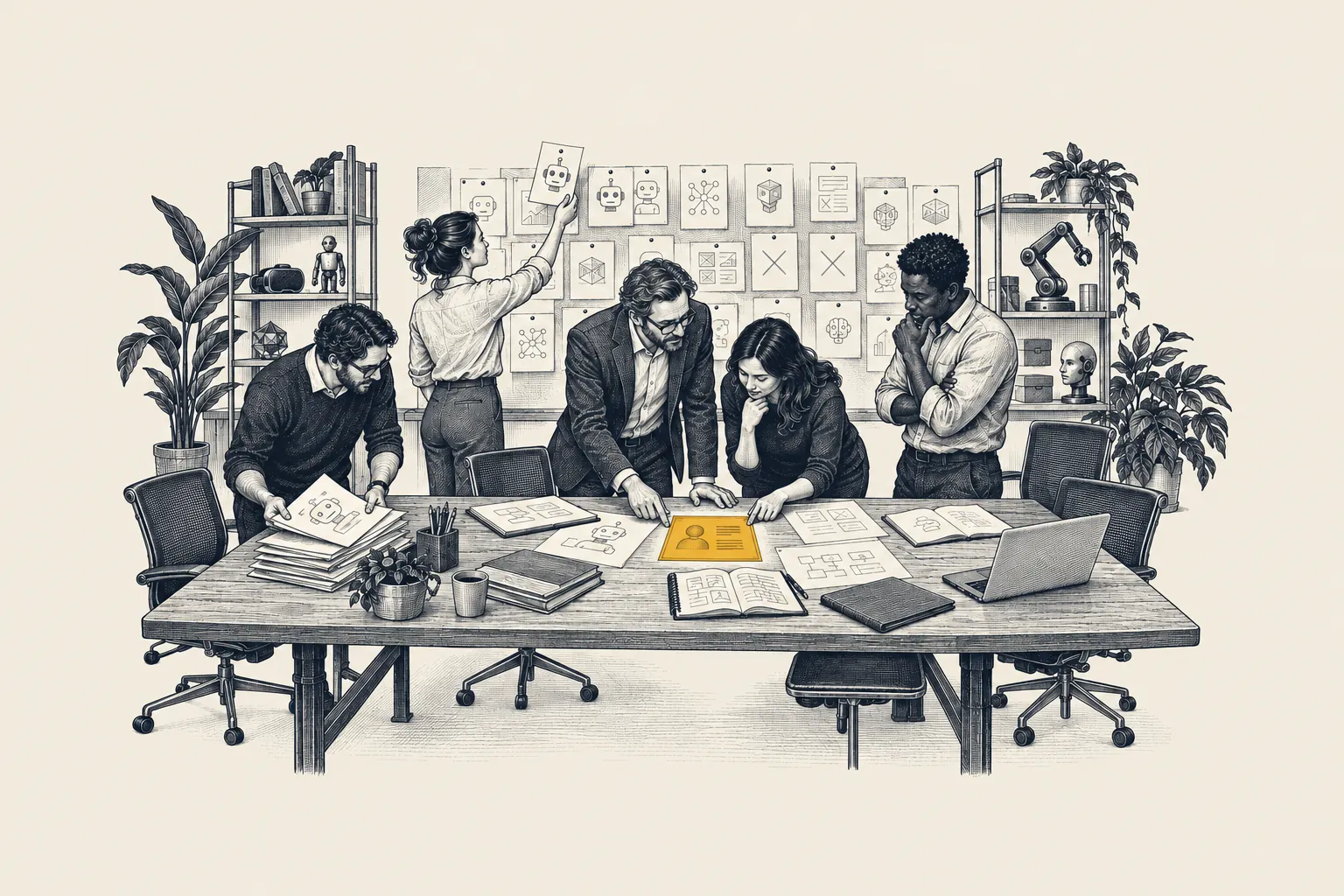 An engraved software product room: five leaders stand before a wall filled with AI project cards. A single customer record on the table is picked out in gold.