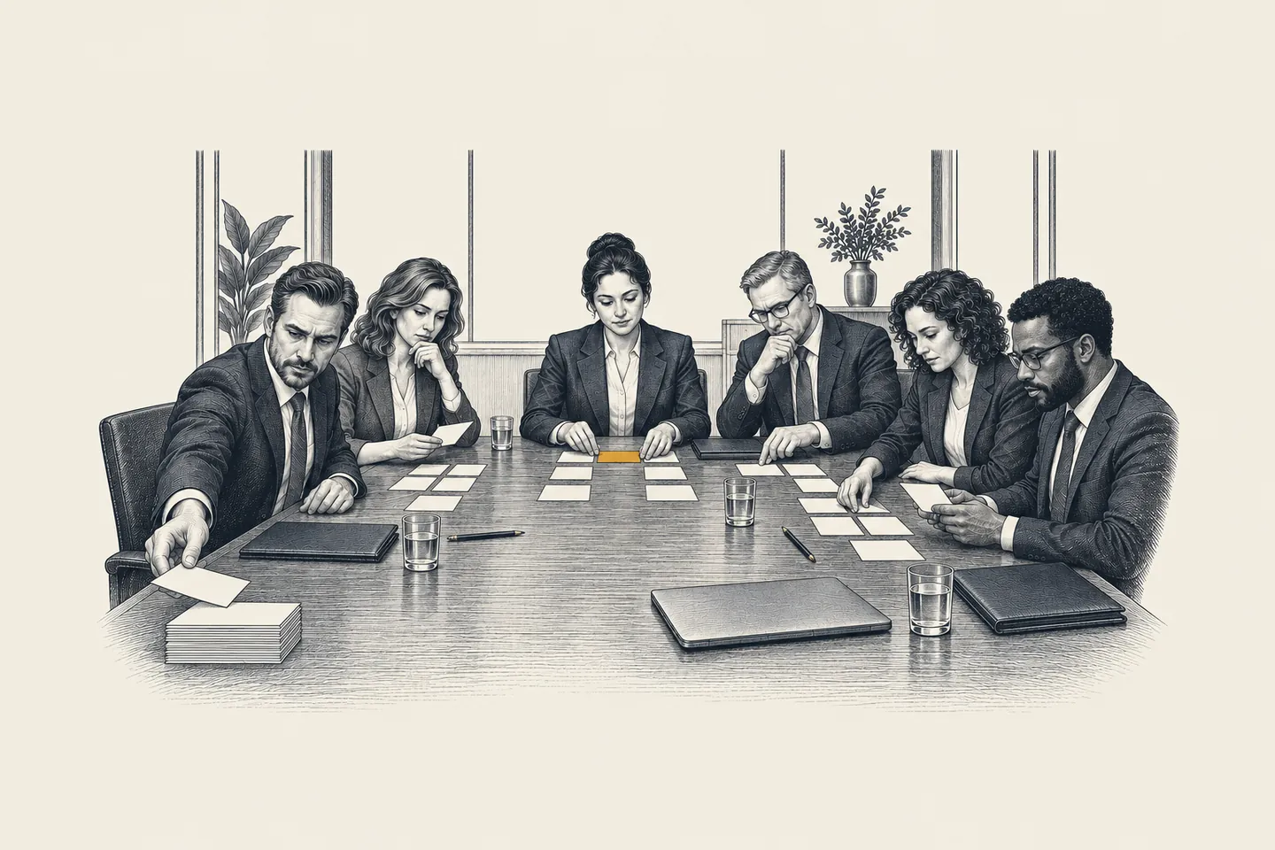 An engraved boardroom: a software management team sorts project cards across a long table. One card marked customer evidence is picked out in gold.