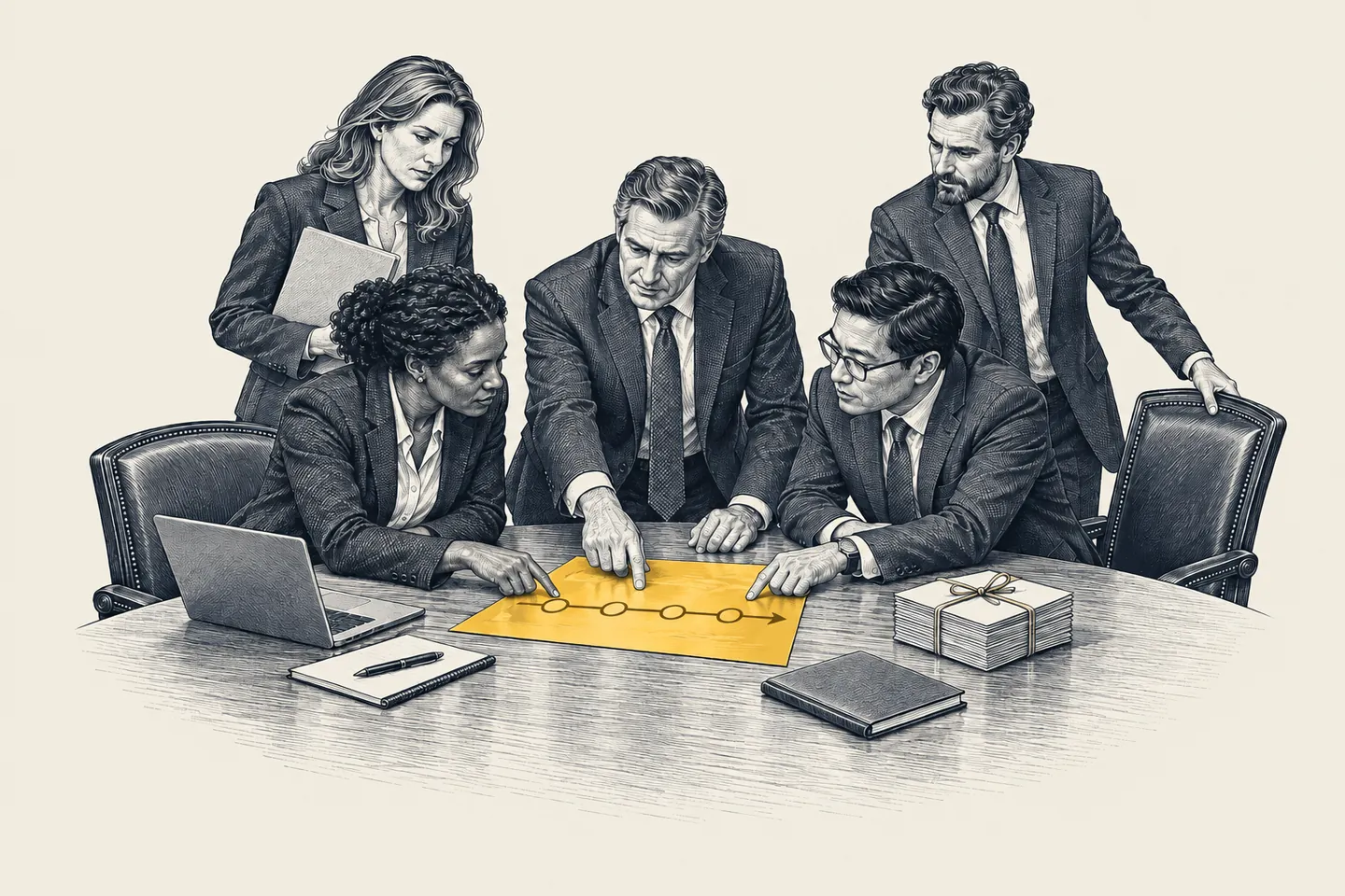 An engraved management meeting: five leaders review a short roadmap beside a closed stack of rejected project cards. The funded roadmap sheet is picked out in gold.
