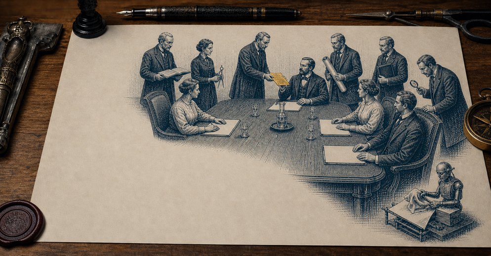 Illustration: an engraved boardroom where a specialist stands at the shoulder of each executive, while a small clockwork automaton polishes envelopes in the corner.