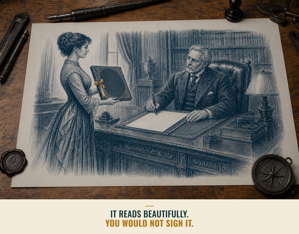 Illustration: a graduate presents a beautifully bound report to an executive whose pen hovers, unconvinced.