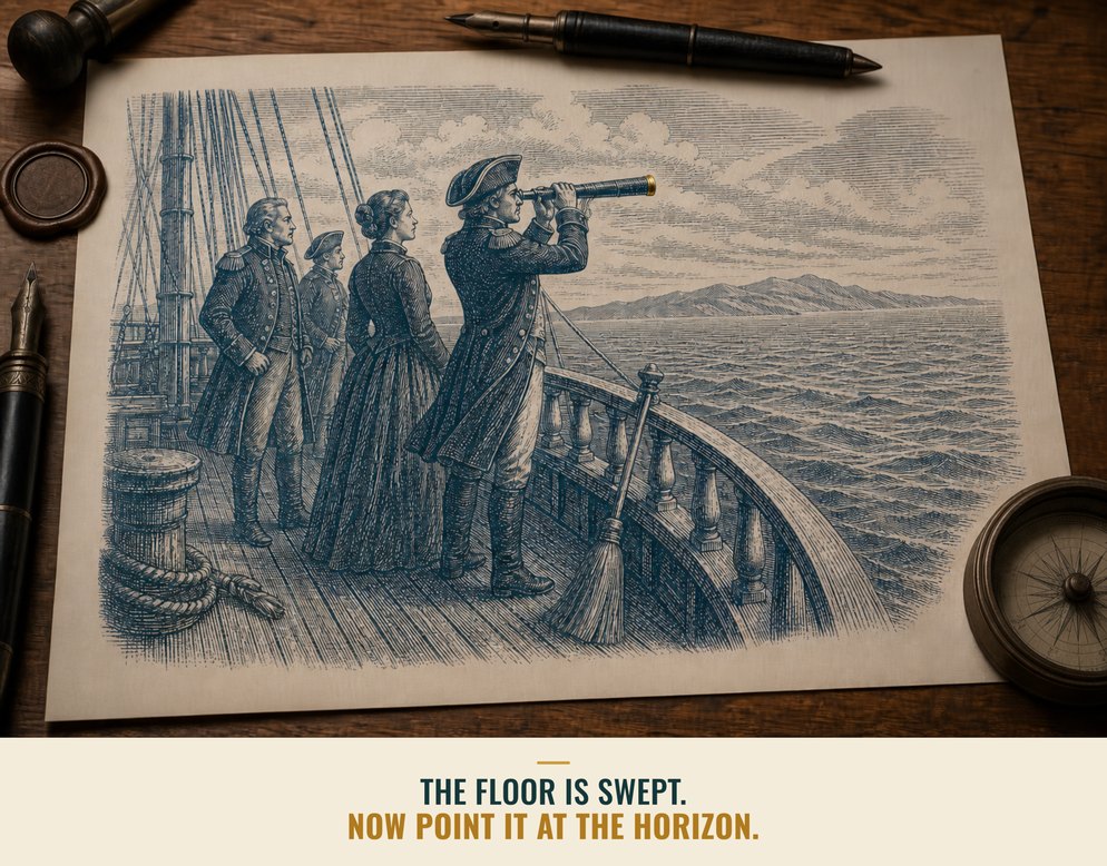 Illustration: officers on a ship's bow point a spyglass at the horizon, a broom resting against the rail.