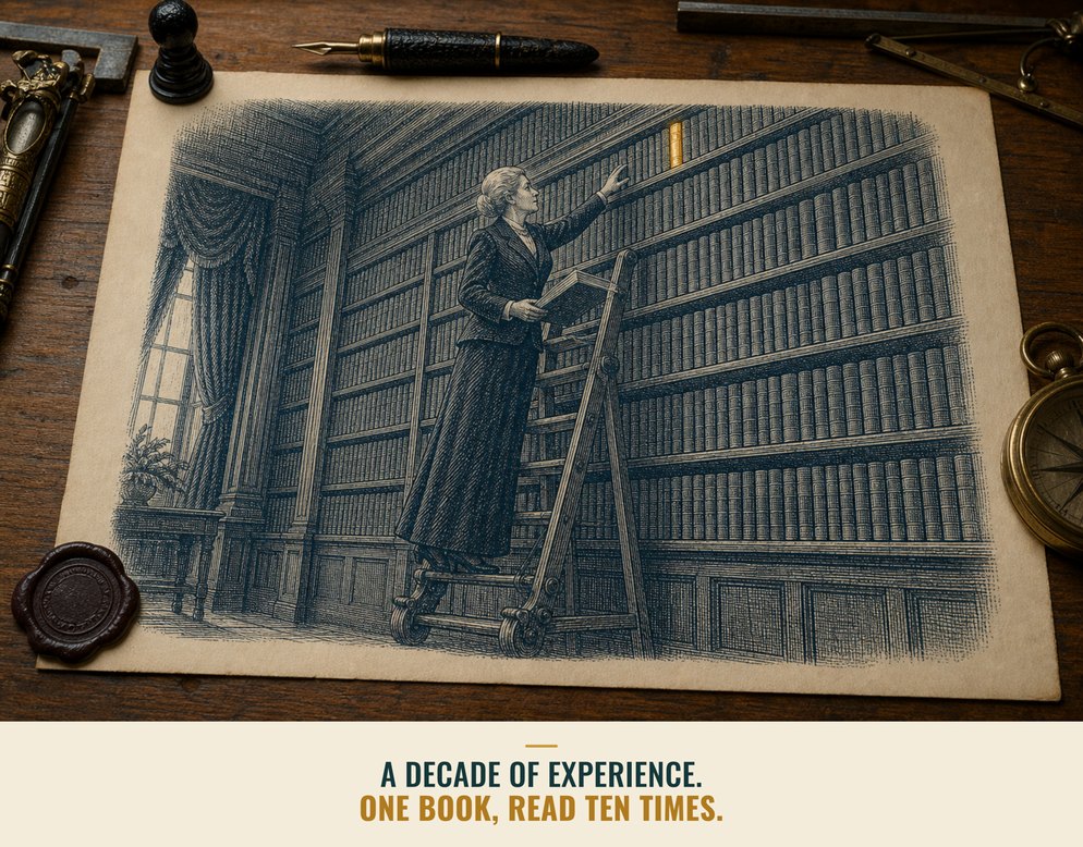 Illustration: a library where every shelf holds the same book, and one gold volume sits out of reach.