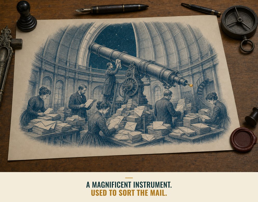 Illustration: a grand observatory telescope used as a table for sorting mail.