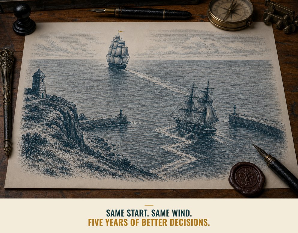 Illustration: two ships that left the same harbor, one with a straight wake, one zigzagging.