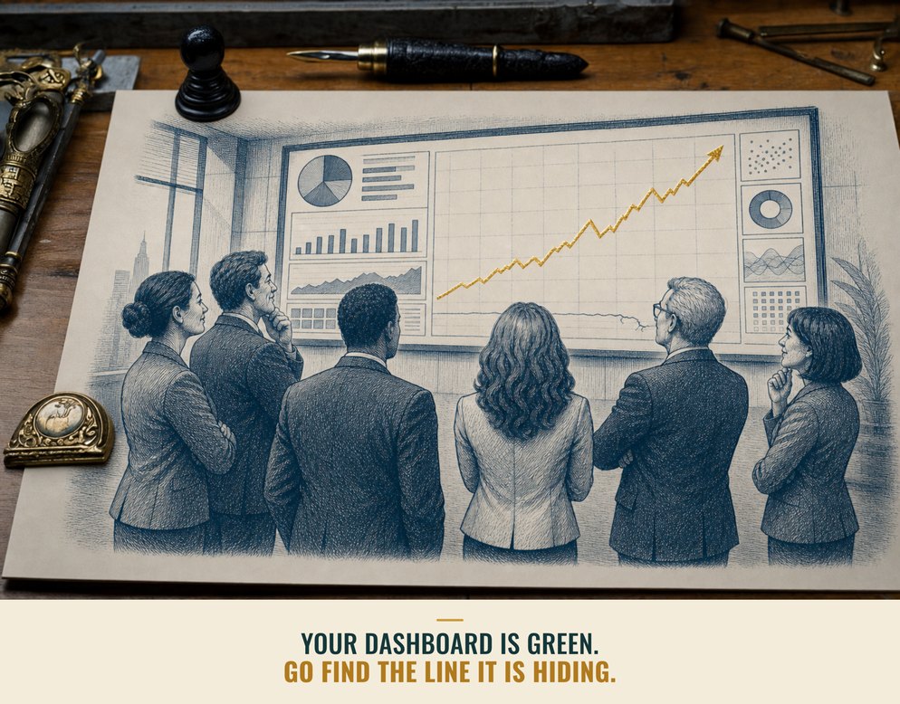 Illustration: Six colleagues standing with their backs to us admiring a wall of dashboard charts with a rising gold arrow, while a crack runs through the panel beneath it, captioned Your dashboard is green. Go find the line it is hiding.