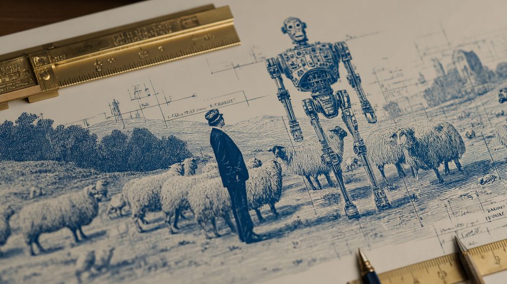 Illustration: A desperate executive in a suit standing in a field.