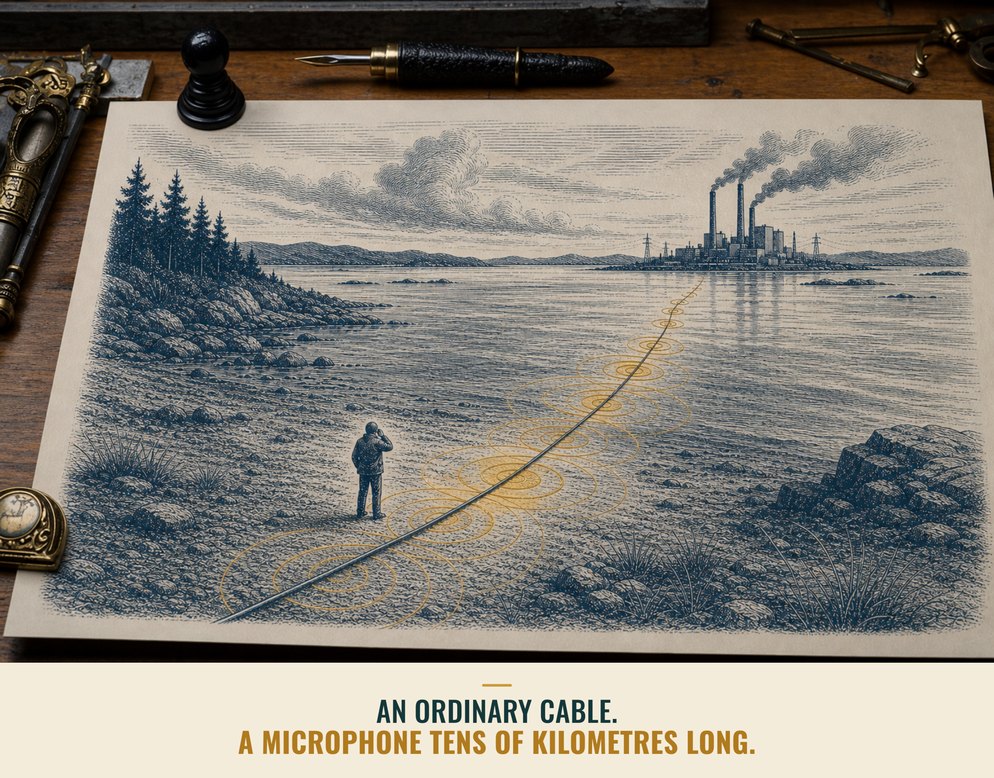 Illustration: A lone figure standing on a rocky Nordic shoreline beside a cable that runs out across the water toward a distant industrial plant, with gold ripples radiating from the cable, captioned An ordinary cable. A microphone tens of kilometres long.