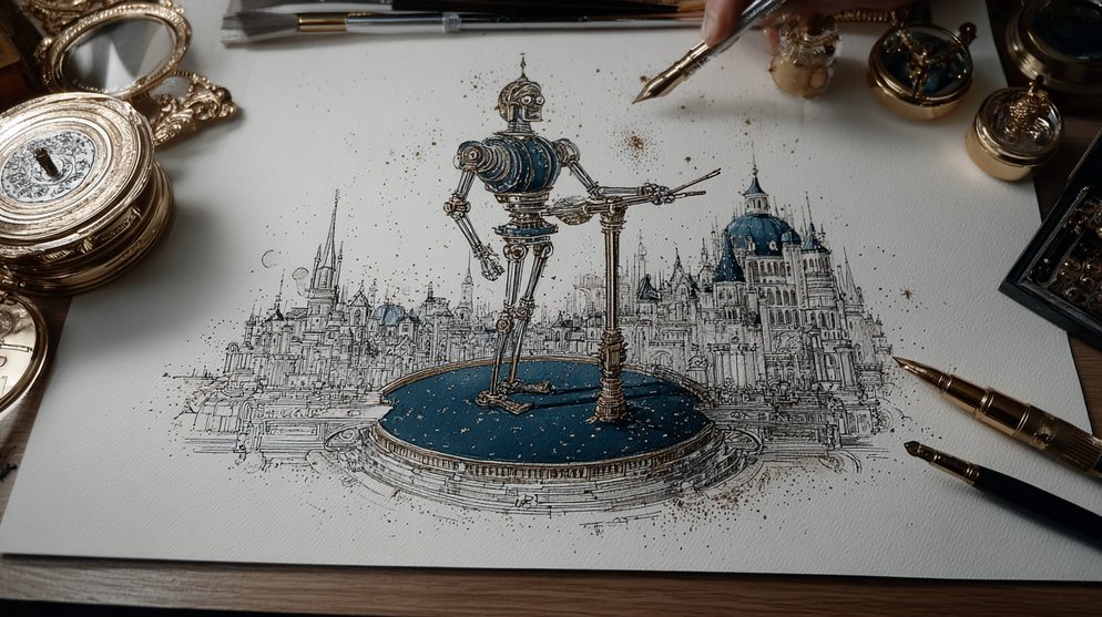 Illustration: A figure in deep blue standing proud on a platform.