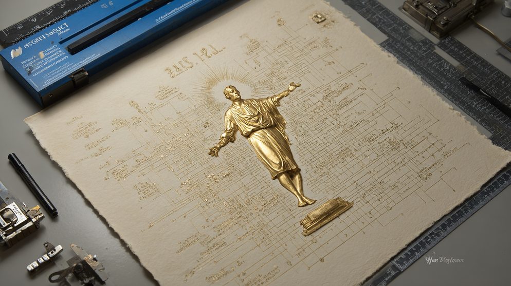 Illustration: A golden figure at a crossroads with infinite paths.