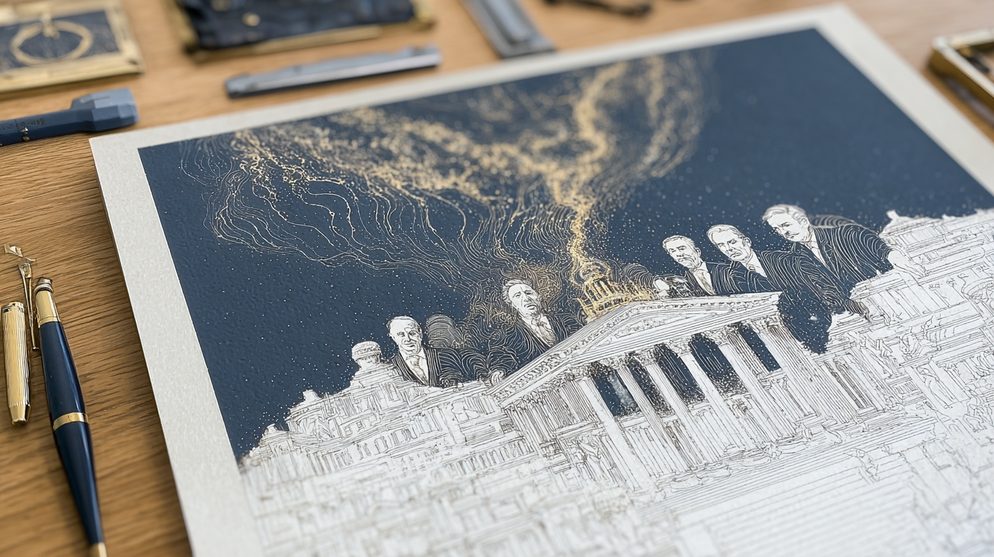 Illustration: A grand strategy document lying on an ornate desk.