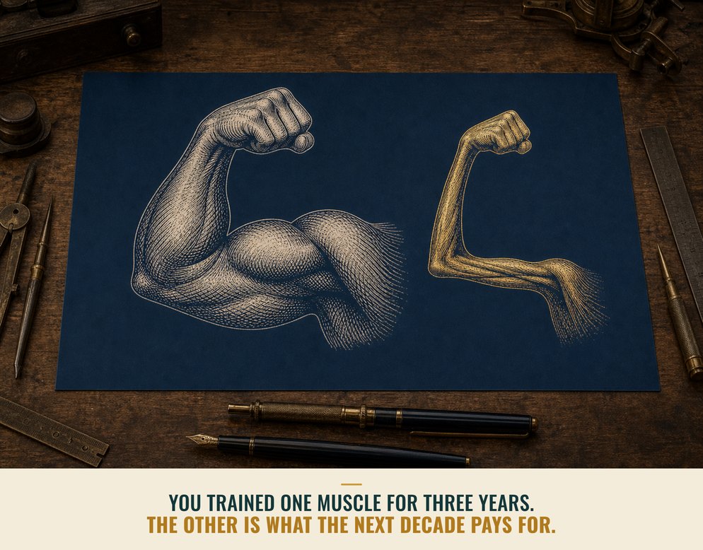 Illustration: Two engraved flexing arms on a navy plate, one heavily muscled and one thin and wasted in gold, captioned You trained one muscle for three years. The other is what the next decade pays for.