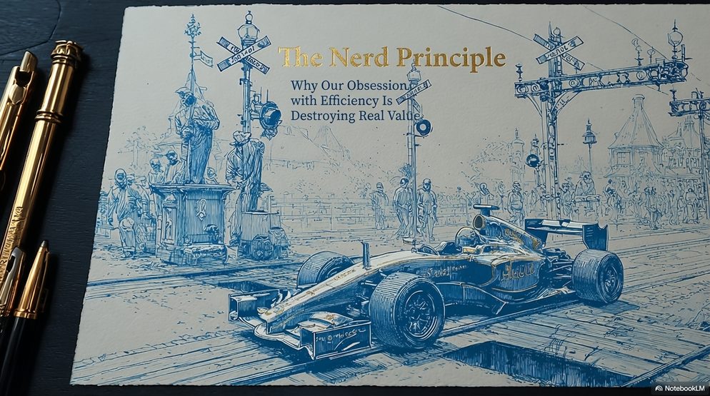 Illustration: a Formula 1 car drawn in blueprint style beside golden fountain pens.