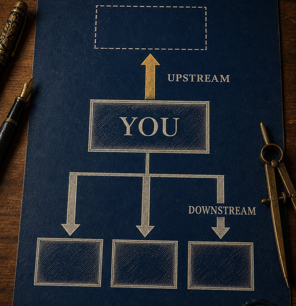 Infographic on a navy plate: an organisation chart with a box marked You, three pale arrows branching downward to three filled boxes labelled Downstream, and a single gold arrow pointing upward to an empty dashed box labelled Upstream.