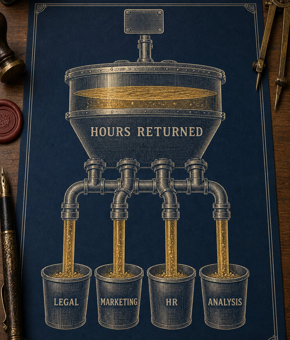 Infographic on a navy plate: a large hopper labelled Hours Returned, brimming with gold, feeding four pipes that pour it down into four buckets labelled Legal, Marketing, HR and Analysis, while a capped pipe leads upward to a blank plaque.